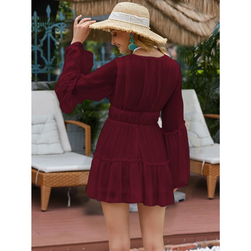 Plunging v Neck Frill Ruffle Hem long sleeve Chiffon mini Dress white - Picture 5 of 11